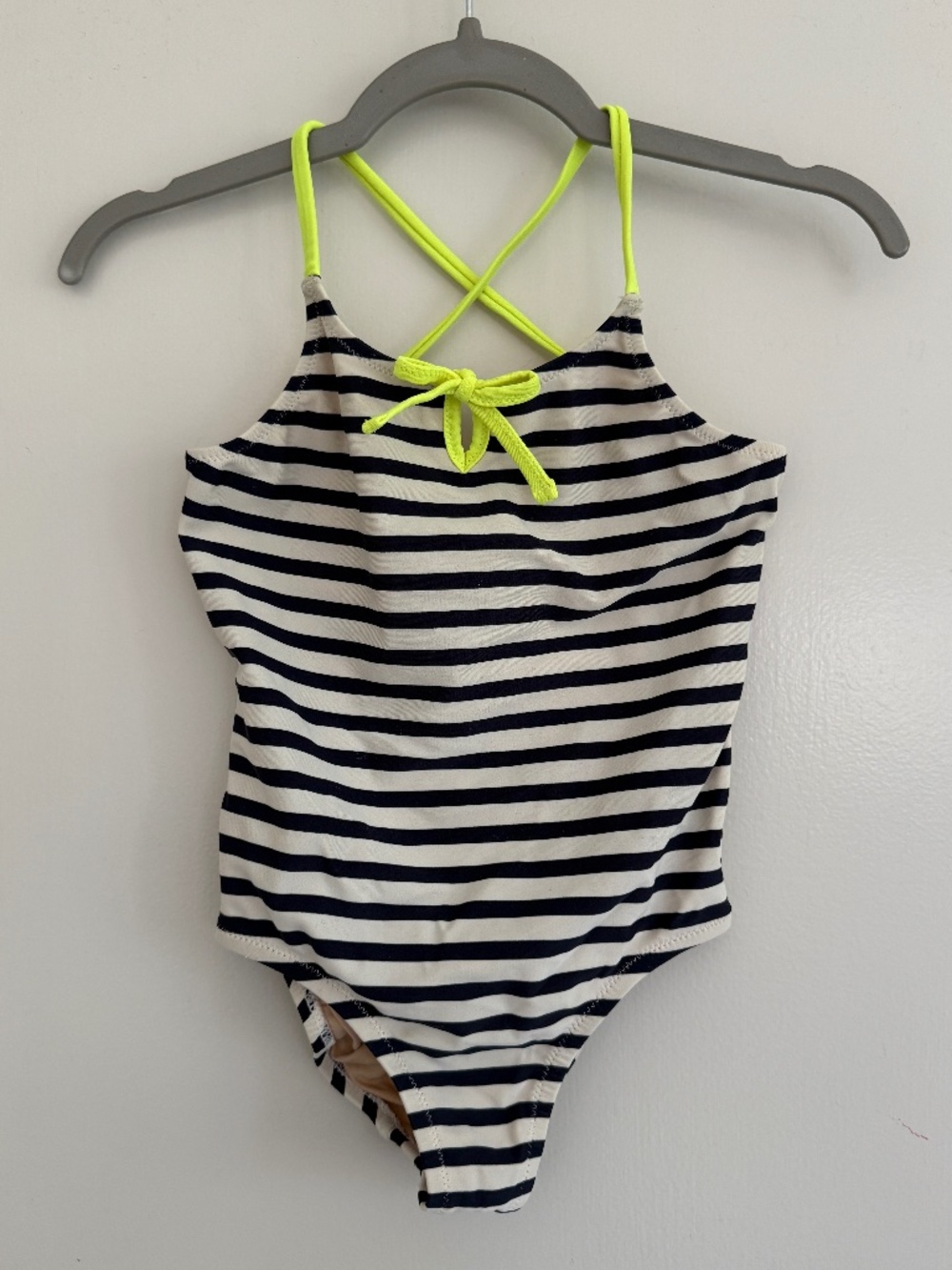 J. Crew Crewcuts Black and White Striped Neon Green Trimmed Swimsuit Size 4-5